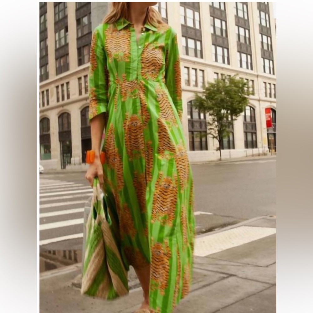 Vibrant Green Tiger-Print Cotton button down Maxi Shirt Dress